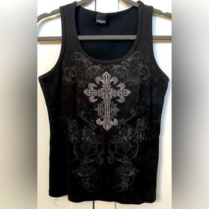 Katydid Gothic Western CROSS Tank TEE Shirt Black w/Rhinestone Style Bling XL